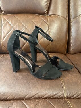 C&M Black Block Ankle Strap Open Toe Heels